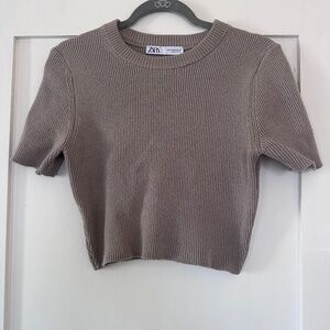 ZARA Tan Knit Cropped Short Sleeve Sweater Top